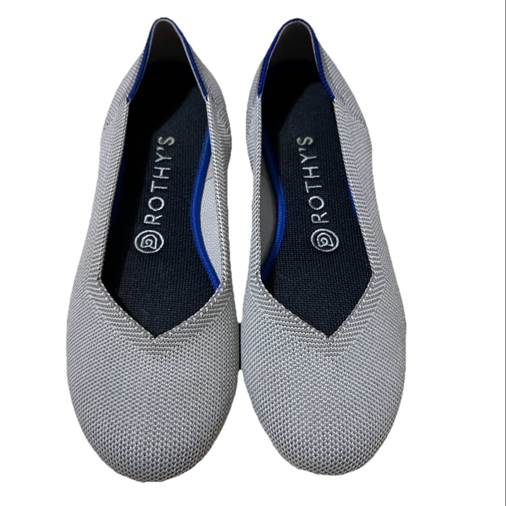 Rothy’s The Flat Women’s 7.5 –Neutral Grey Knit Ballet Flats with Blue Stitching